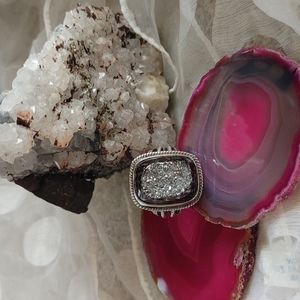 Silver clear drusy and micca stone ring.